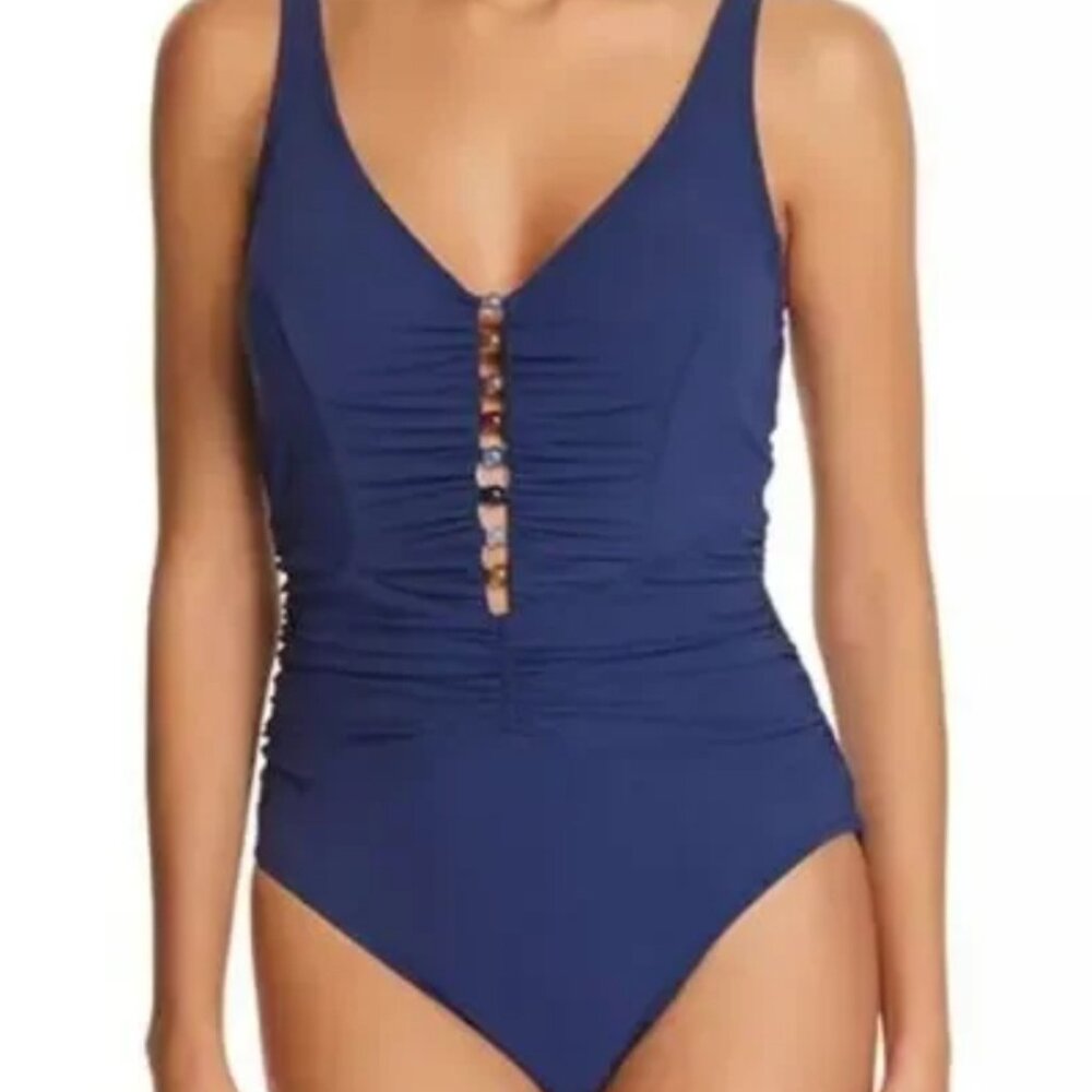 NEW WITH TAG. Gottex Blue Ruched One-Piece Swimsuit NWT | Designer Luxury Swim